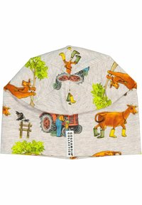 Bomullsmössa med grå bakgrund, prydd med färgglada tecknade bondgårdsdjur, traktorer och träd i ett upprepat mönster. Tag ingår.