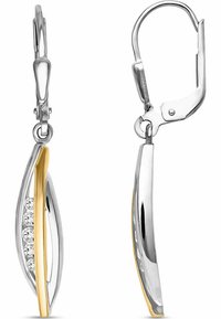 Silver- och guldtonade örhängen med en böjd design och fem små klara ädelstenar inställda i en smal guldaccent längs kanten.