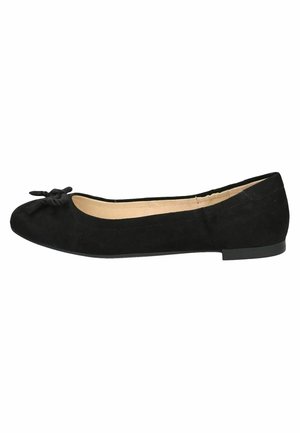 Bailarina plana de ante negro con un pequeño lazo en la puntera y una suela de goma plana.
