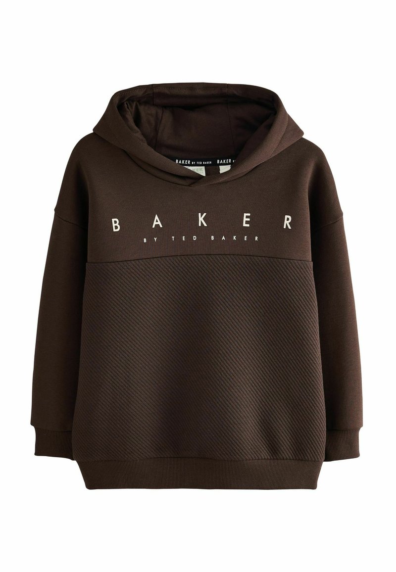 Sudadera con capucha marrón de textura acanalada, con un panel liso en contraste y el logo blanco "BAKER" en el pecho.