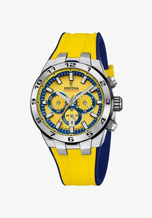 Reloj Festina Chrono Bike; esfera amarilla, caja de acero inoxidable, acentos azules, correa de goma; dos subesferas, números grandes, indicador de fecha.