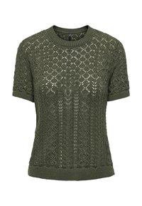 Short-sleeve green knit sweater with a textured diamond pattern and ribbed neckline and hem. Made of breathable, lightweight yarn.