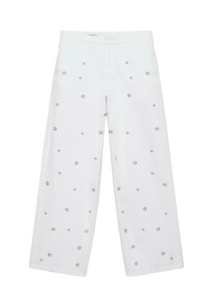 Hvide bukser med vide ben med spredte sølvfarvede metaløjer og en tætsiddende talje med frontlukning.