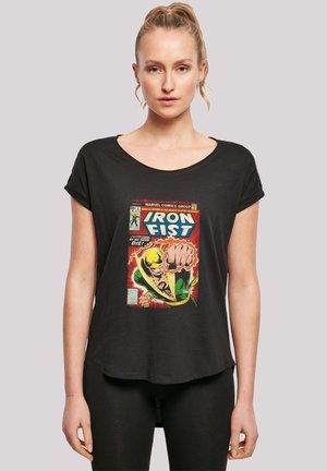 Black short-sleeve t-shirt featuring a comic book graphic of Iron Fist, with bright colors and a relaxed fit. Soft fabric with a round neckline.