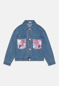 Denim jas met twee voorzakken met meerkleurige sequins, knoopsluiting en een klassieke kraag. Blauwe stof met een gestructureerde afwerking.