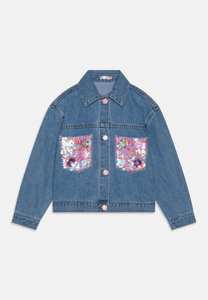 Denim jas met twee voorzakken met meerkleurige sequins, knoopsluiting en een klassieke kraag. Blauwe stof met een gestructureerde afwerking.