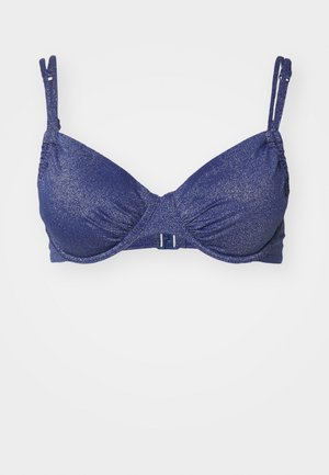 Haut de bikini bleu foncé avec une finition pailletée, soutien-gorge avec armatures, bretelles réglables et un détail de fermoir central.