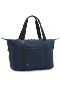 Niebieska torba wykonana z tkaniny z czarnymi paskami, kieszenią na zamek i teksturowaną powierzchnią. Zawiera przednią kieszeń naszytą oraz minimalne detale metalowe.