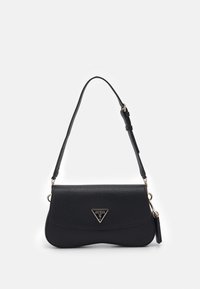 Zwarte gestructureerde crossbody tas met een gouden driehoekig logo. Voorzien van een verstelbare schouderband en sluiting met een haak, ontworpen in een strak, modern formaat.