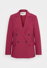 Blazer magenta doppiopetto con bottoni neri, revers a punta, due tasche frontali e texture liscia. Etichetta con la scritta "ONLY."