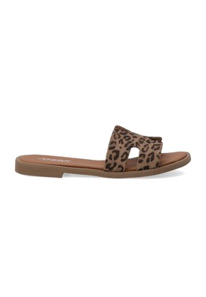 Læderprint slip-on sandaler med flad sål, åben tå og udskæringsdesign. Konstrueret med tekstil overdel og syntetisk foring.