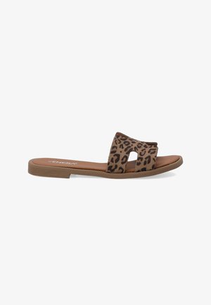 Leopardprint instap sandalen met een vlakke zool, open teen en uitsnijdingen. Gemaakt van textiel bovenwerk en synthetische voering.