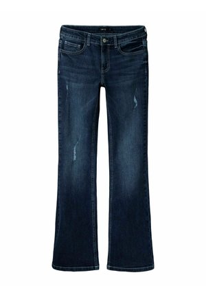 Jean en denim bleu foncé avec légère décoloration et détails usés, cinq poches, fermeture à boutons et jambes évasées.