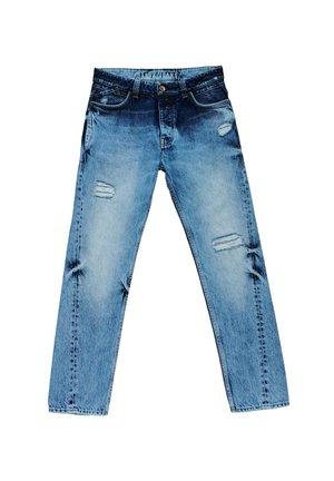 Vaqueros de mezclilla azul claro con corte ajustado, que presentan múltiples áreas desgastadas y un diseño clásico de cinco bolsillos con un cierre de botón.