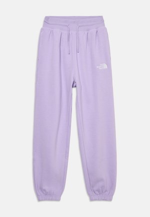 Lila Fleece-Sweatpants mit elastischen Bündchen, Kordelzugbund, Seitentaschen und weißem The North Face-Logo auf dem linken Oberschenkel.