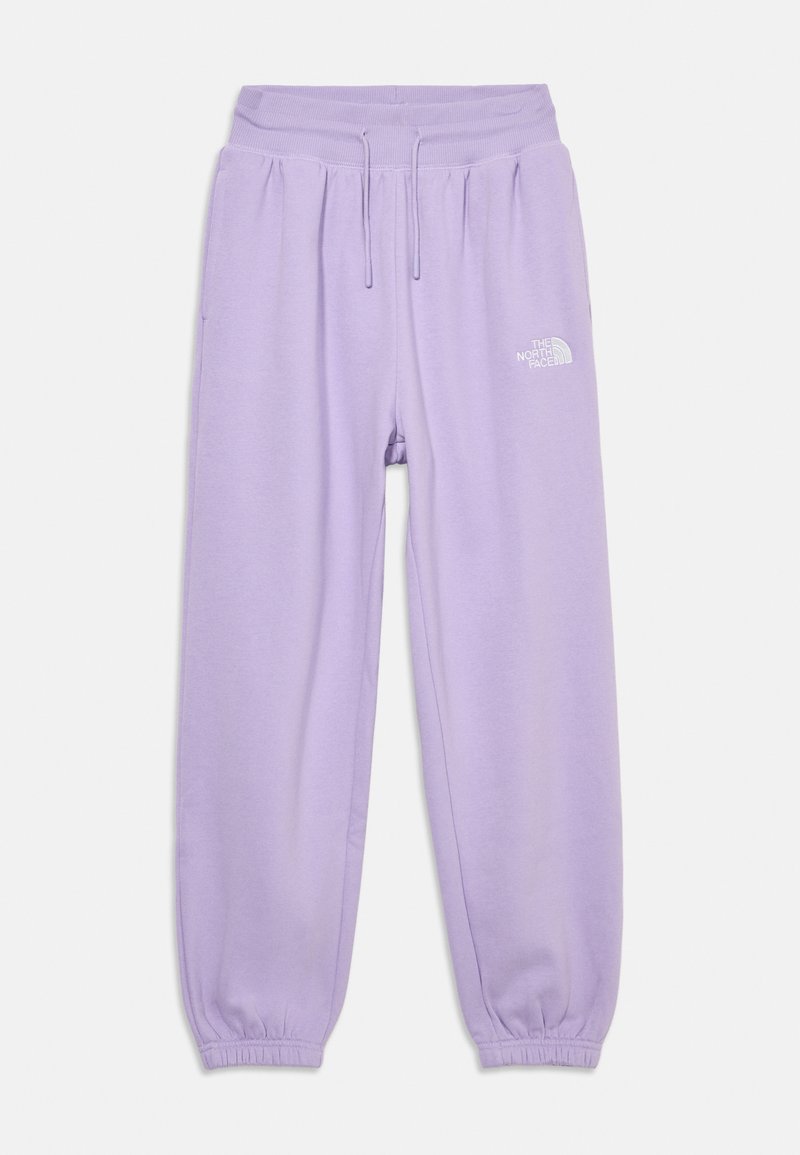 Lila flisaste hlače s elastičnimi manšetami, pasom na vrvico, stranskimi žepi in belim logotipom The North Face na levem stegnu.
