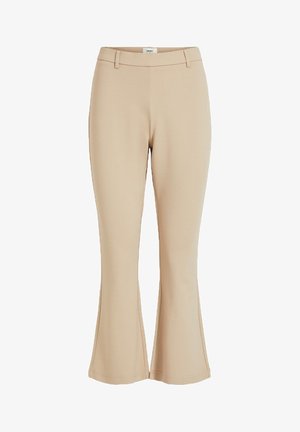 Beige kalhoty s vysokým pasem, poutky na opasek, přiléhavým horním dílem nohou a mírně rozšířenými dolními částmi.