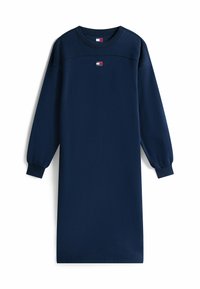 Navyblaues Sweatshirtkleid mit langen Ärmeln, geripptem Rundhalsausschnitt und elastischen Bündchen. Mit kleinem Logodetail auf der Brust. Glatte Textur.