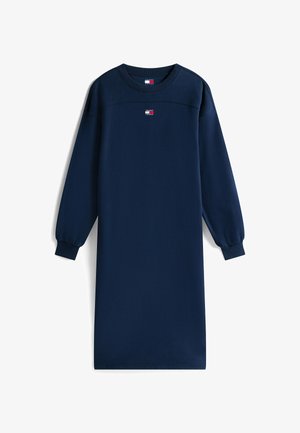 Navyblaues Sweatshirtkleid mit langen Ärmeln, geripptem Rundhalsausschnitt und elastischen Bündchen. Mit kleinem Logodetail auf der Brust. Glatte Textur.