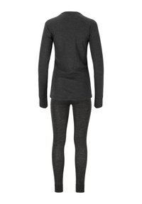 Dunkelgraues Langarmoberteil mit Rundhalsausschnitt, kombiniert mit passenden, enganliegenden Leggings. Der Stoff wirkt glatt mit einer dezenten Textur.