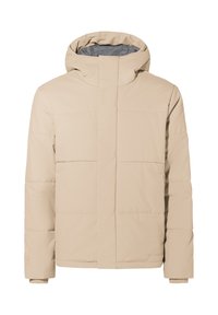 Giacca puffer beige con cappuccio, caratterizzata da un esterno liscio, design trapuntato, chiusura frontale invisibile e un morbido rivestimento interno grigio.