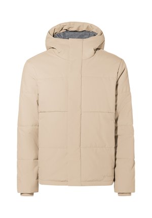 Beige Daunenjacke mit Kapuze, die eine glatte Außenseite, ein gesteppte Design, einen verdeckten Frontverschluss und ein weiches graues Innenfutter aufweist.