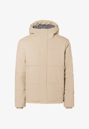 Beige pufferjack met een capuchon, met een gladde buitenkant, een gestikte ontwerp, verborgen voorkleur en een zachte grijze binnenvoering.