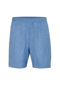 Blue chambray shorts featuring an elastic waistband, relaxed fit, and soft texture with a subtle heathered pattern.