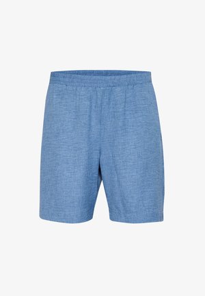 Blue chambray shorts featuring an elastic waistband, relaxed fit, and soft texture with a subtle heathered pattern.