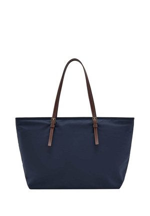 Große dunkelblaue Tote-Tasche mit zwei langen verstellbaren braunen Leder-Schulterriemen auf weißem Hintergrund.