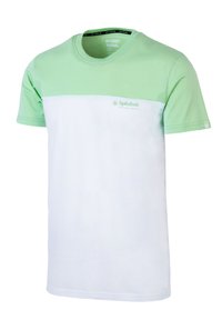 Grünes und weißes T-Shirt mit kurzen Ärmeln. Der obere Abschnitt ist hellgrün, während die untere Hälfte weiß ist. Mit einem Logo auf der Brust.