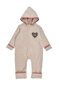 Beige fleece onesie with a zipper, long sleeves, a hood, red and white checkered accents at the cuffs, and a heart patch that reads "Siu."