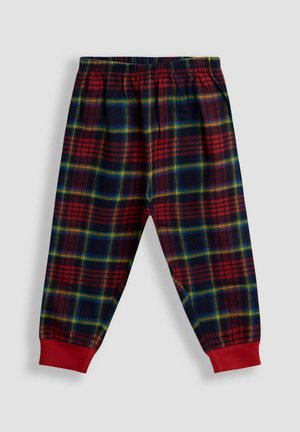 Kárované pyžamové nohavice v červenej, námorníckej a zelenej farbe, s elastickým pásom a červenými manžetami na členkoch. Mäkka látka s útulnou textúrou.