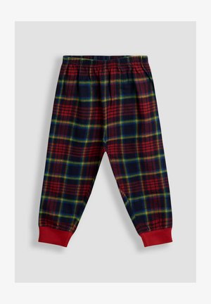 Kárované pyžamové nohavice v červenej, námorníckej a zelenej farbe, s elastickým pásom a červenými manžetami na členkoch. Mäkka látka s útulnou textúrou.
