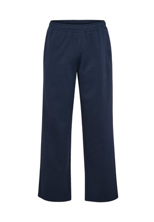 Granatowe casualowe spodnie z elastycznym paskiem i bocznymi kieszeniami, o prostym kroju nogawek, odpowiednie do codziennego noszenia.