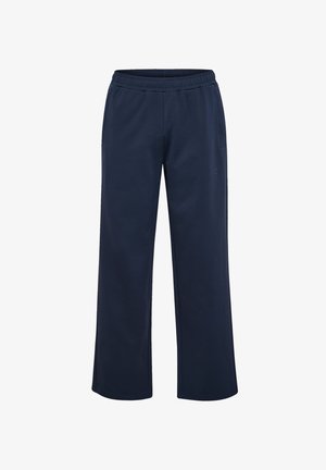 Pantalon décontracté bleu marine avec taille élastique et poches latérales, coupe droite, adapté pour un usage quotidien.