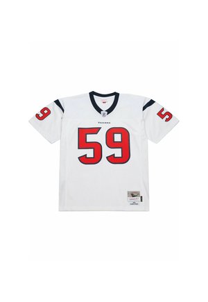 Weißes Houston Texans Footballtrikot mit der Nummer 59 in Rot auf der Vorderseite und an den Ärmeln, mit navyblauen Akzenten am Kragen und an den Schultern.