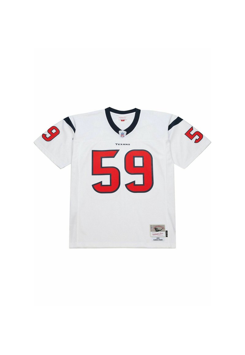 Weißes Houston Texans Footballtrikot mit der Nummer 59 in Rot auf der Vorderseite und an den Ärmeln, mit navyblauen Akzenten am Kragen und an den Schultern.