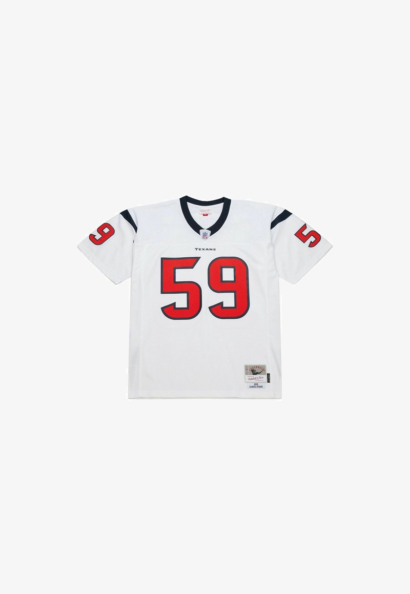 Weißes Houston Texans Footballtrikot mit der Nummer 59 in Rot auf der Vorderseite und an den Ärmeln, mit navyblauen Akzenten am Kragen und an den Schultern.