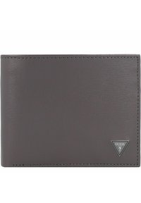 Portafoglio bi-fold in pelle grigia con superficie testurizzata e piccolo logo triangolare Guess nell'angolo in basso a destra.