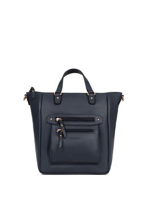 Donkerblauwe leren handtas met twee bovenhandvatten, twee voorvakken met rits en goudkleurige details.