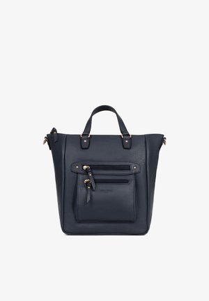 Sac à main en cuir bleu marine avec deux poignées supérieures, deux poches avant zippées et ferrures dorées.