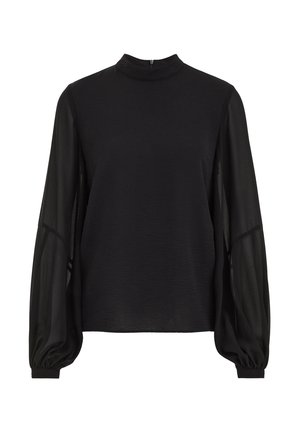 Blusa nera a maniche lunghe con collo alto, dotata di maniche trasparenti e corpo texturizzato. Design semplice con polsini elastici.