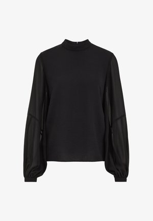 Svart långärmad blus med hög halsringning, som har genomskinliga ärmar och en texturerad kropp. Enkel design med elastiska ärmslut.