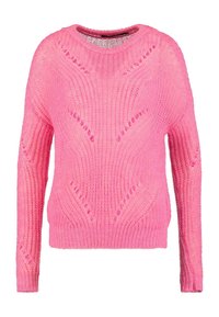 Helles rosa gestricktes Sweatshirt mit langen Ärmeln und einem gerippten Rundhalsausschnitt, das auf der Vorderseite und an den Ärmeln offene Strickmuster aufweist.