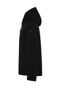 Schwarze Kapuzenjacke mit glatter Oberfläche, Reißverschlusstaschen und modernem Schnitt. Mit Logo auf dem Ärmel und verstellbaren Kordeln.