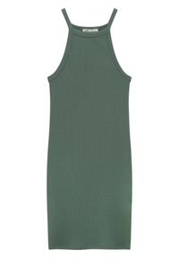 Robe verte côtelée sans manches avec un col haut et une silhouette moulante. Fabriquée à partir d'un matériau doux, avec des fines bretelles.