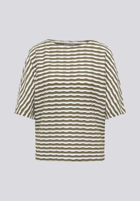 Short-sleeve top with an olive green and white horizontal striped pattern. Made from textured fabric, featuring a round neckline and relaxed fit.