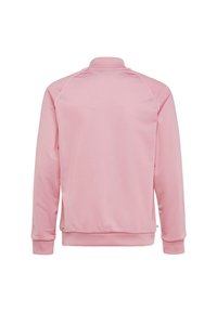 Helles rosa Zip-Jackett aus glattem Material, mit hohem Kragen und gerippten Bündchen. Minimalistisches Design mit kontrastierenden Nähten.