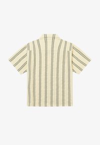 Chemise beige à manches courtes avec des rayures noires verticales, vue de dos, avec un col et une coupe ample.